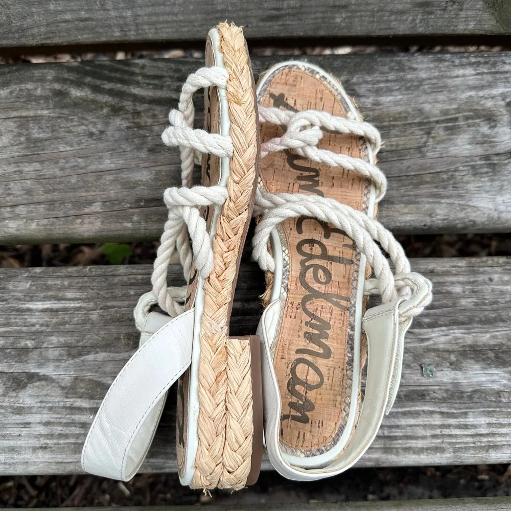 Sam Edelman Cristan Ivory Rope Strappy Espadrille Sandals White Leather Size 8.5